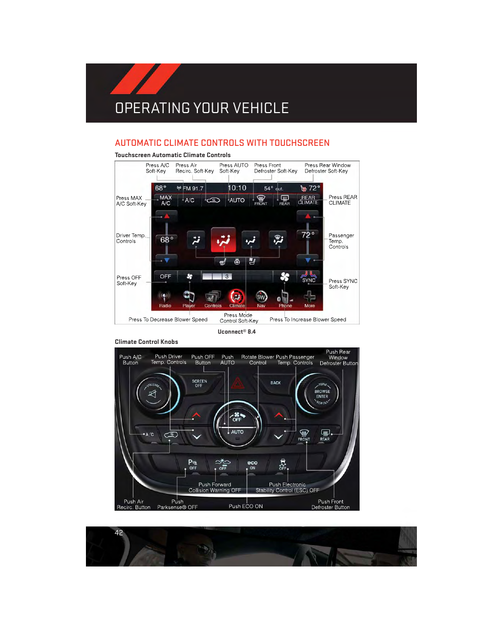 Automatic climate controls with touchscreen, Operating your vehicle | Dodge 2014 Durango - User Guide User Manual | Page 44 / 188