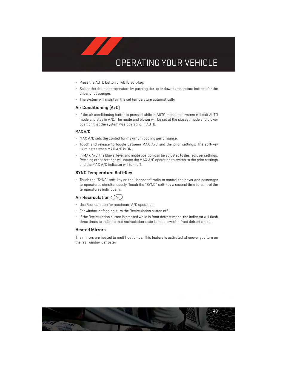 Air conditioning (a/c), Sync temperature soft-key, Air recirculation | Heated mirrors, Operating your vehicle | Dodge 2014 Durango - User Guide User Manual | Page 45 / 188