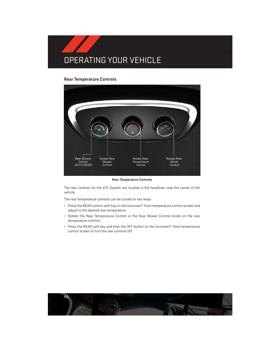 Rear temperature controls, Operating your vehicle | Dodge 2014 Durango - User Guide User Manual | Page 46 / 188
