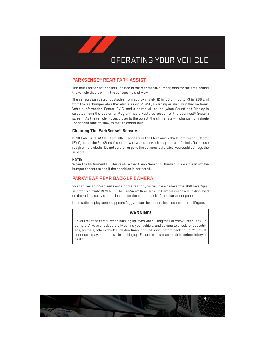 Parksense® rear park assist, Cleaning the parksense® sensors, Parkview® rear back-up camera | Operating your vehicle | Dodge 2014 Durango - User Guide User Manual | Page 47 / 188