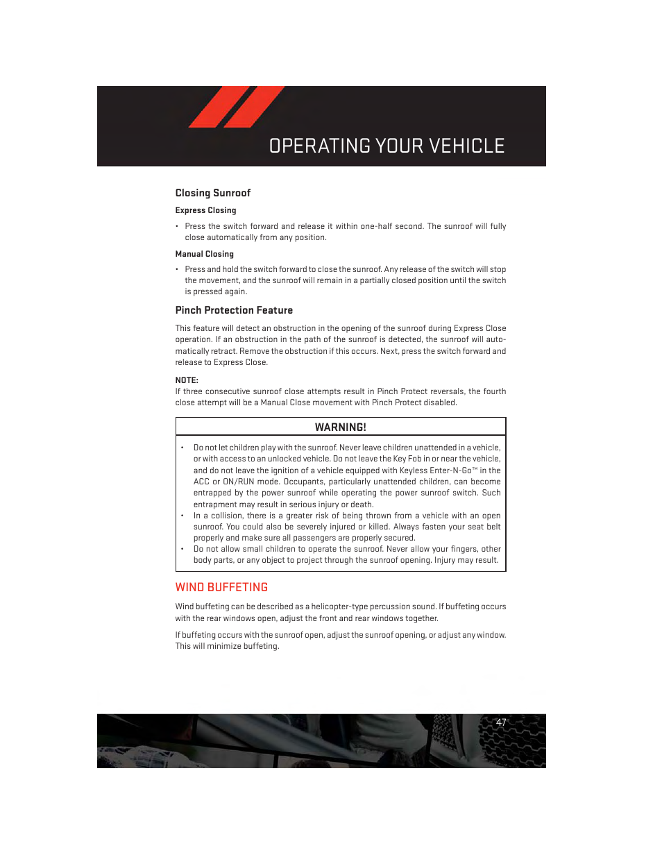 Closing sunroof, Pinch protection feature, Wind buffeting | Operating your vehicle | Dodge 2014 Durango - User Guide User Manual | Page 49 / 188