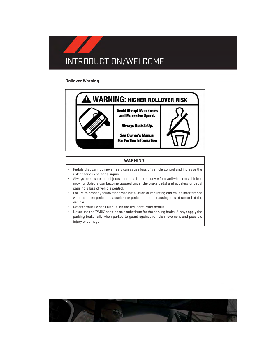 Rollover warning, Introduction/welcome | Dodge 2014 Durango - User Guide User Manual | Page 6 / 188