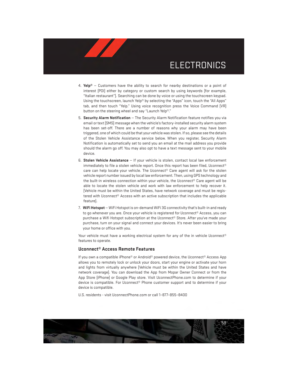 Uconnect® access remote features, Electronics | Dodge 2014 Durango - User Guide User Manual | Page 61 / 188