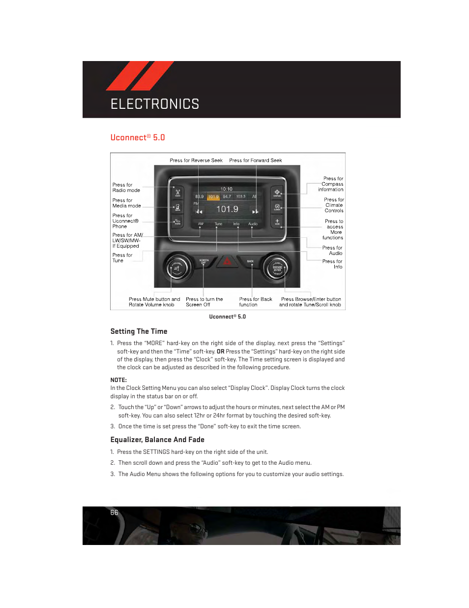 Uconnect® 5.0, Setting the time, Equalizer, balance and fade | Electronics | Dodge 2014 Durango - User Guide User Manual | Page 68 / 188