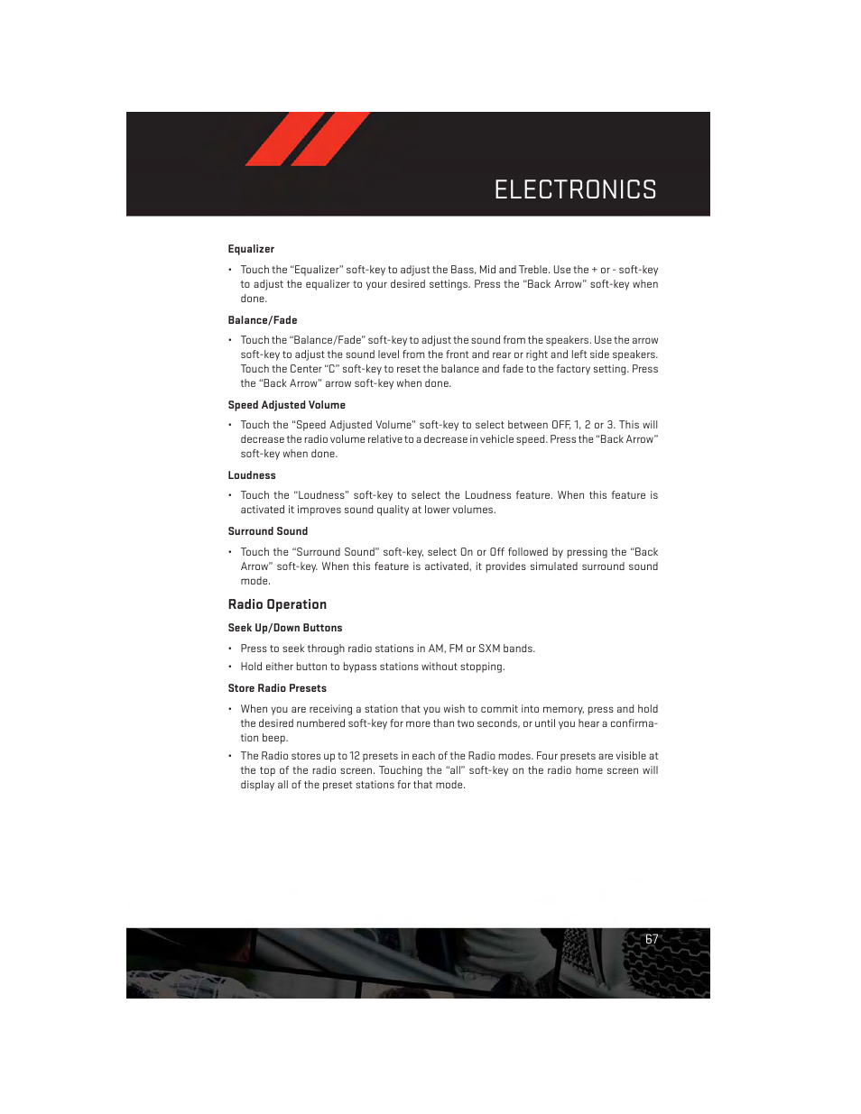 Radio operation, Electronics | Dodge 2014 Durango - User Guide User Manual | Page 69 / 188