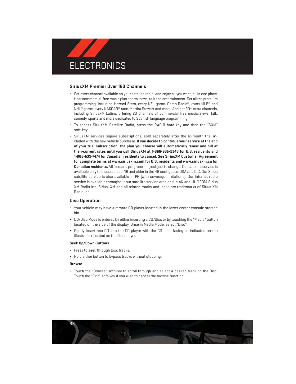 Siriusxm premier over 160 channels, Disc operation, Electronics | Dodge 2014 Durango - User Guide User Manual | Page 70 / 188