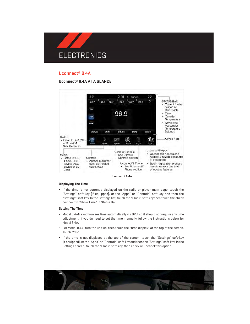 Uconnect® 8.4a, Uconnect® 8.4a at a glance, Electronics | Dodge 2014 Durango - User Guide User Manual | Page 76 / 188