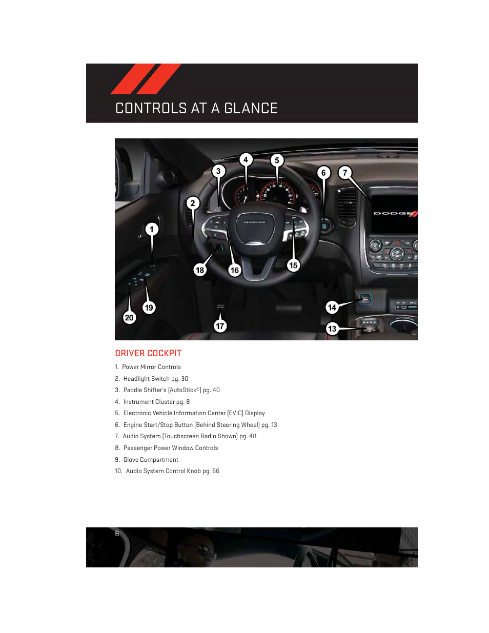 Controls at a glance, Driver cockpit | Dodge 2014 Durango - User Guide User Manual | Page 8 / 188