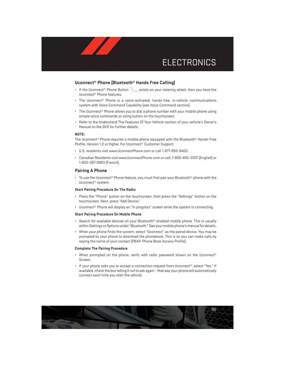 Uconnect® phone (bluetooth® hands free calling), Pairing a phone, Electronics | Dodge 2014 Durango - User Guide User Manual | Page 87 / 188