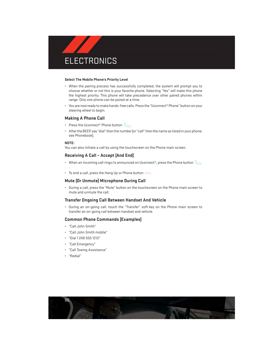 Making a phone call, Receiving a call – accept (and end), Mute (or unmute) microphone during call | Transfer ongoing call between handset and vehicle, Common phone commands (examples), Electronics | Dodge 2014 Durango - User Guide User Manual | Page 88 / 188