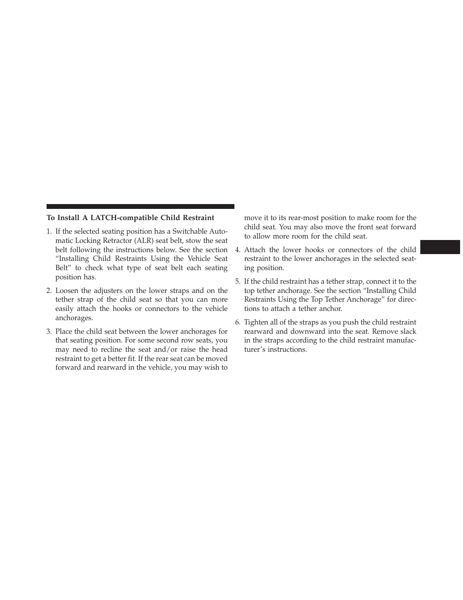 To install a latch-compatible child restraint | Dodge 2014 Grand_Caravan - Owner Manual User Manual | Page 109 / 698