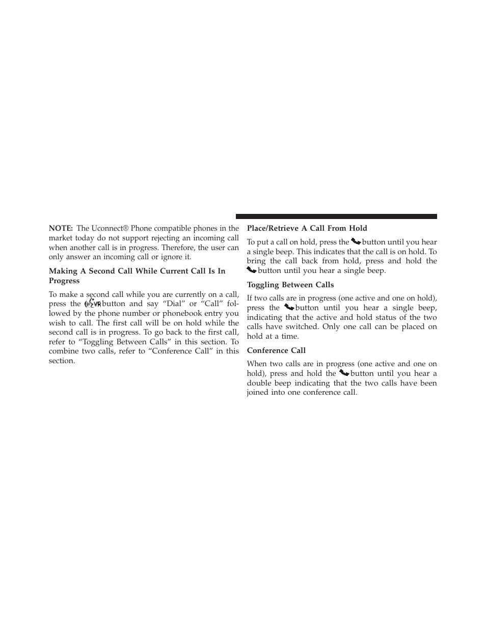 Place/retrieve a call from hold, Toggling between calls, Conference call | Dodge 2014 Grand_Caravan - Owner Manual User Manual | Page 160 / 698