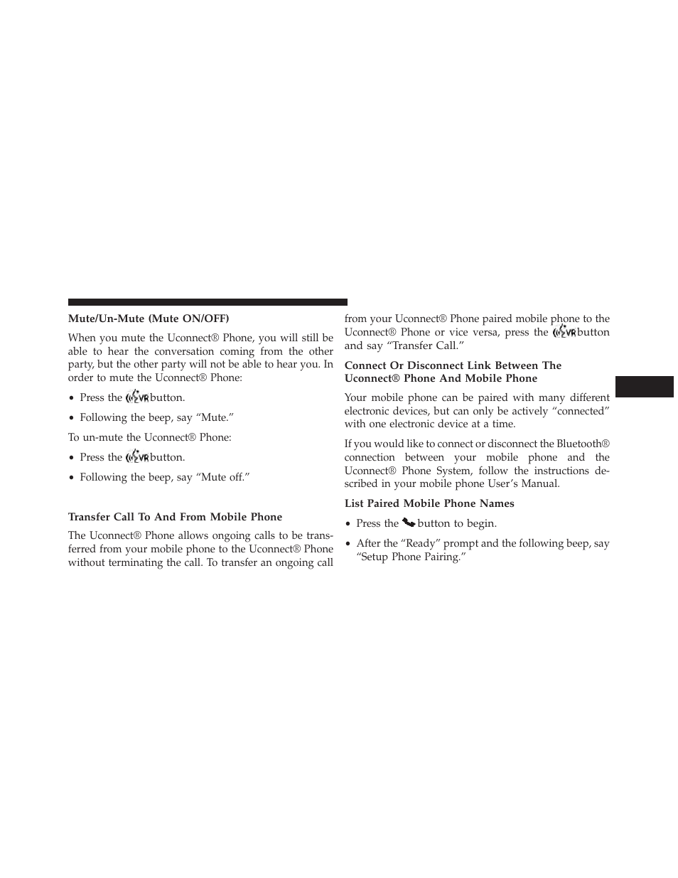 Mute/un-mute (mute on/off), Advanced phone connectivity, Transfer call to and from mobile phone | List paired mobile phone names | Dodge 2014 Grand_Caravan - Owner Manual User Manual | Page 167 / 698