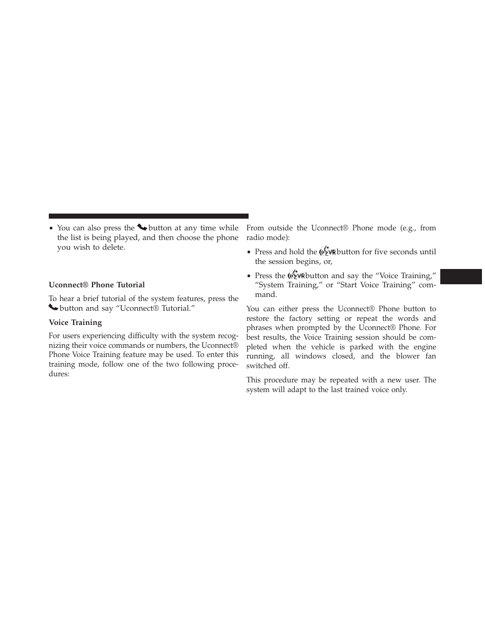 Things you should know about your uconnect® phone, Uconnect® phone tutorial, Voice training | Things you should know about your uconnect, Phone | Dodge 2014 Grand_Caravan - Owner Manual User Manual | Page 169 / 698