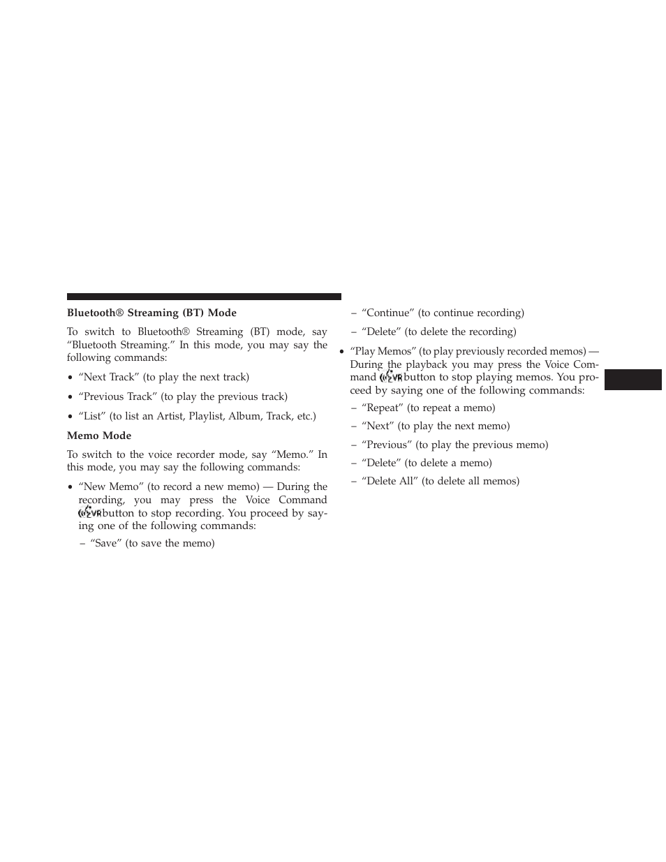 Bluetooth® streaming (bt) mode, Memo mode | Dodge 2014 Grand_Caravan - Owner Manual User Manual | Page 185 / 698