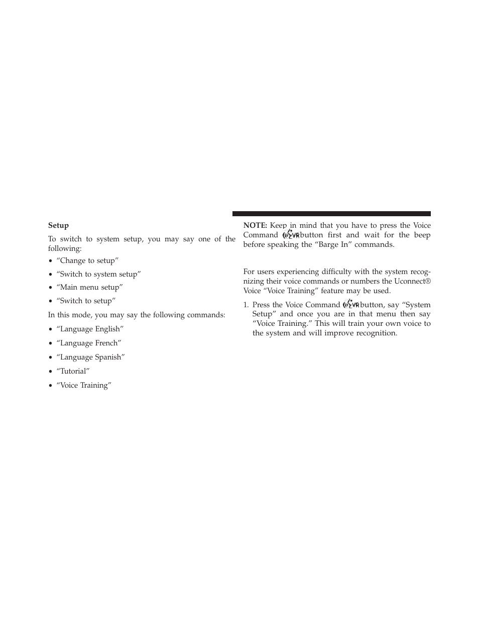 Setup, Voice training | Dodge 2014 Grand_Caravan - Owner Manual User Manual | Page 186 / 698