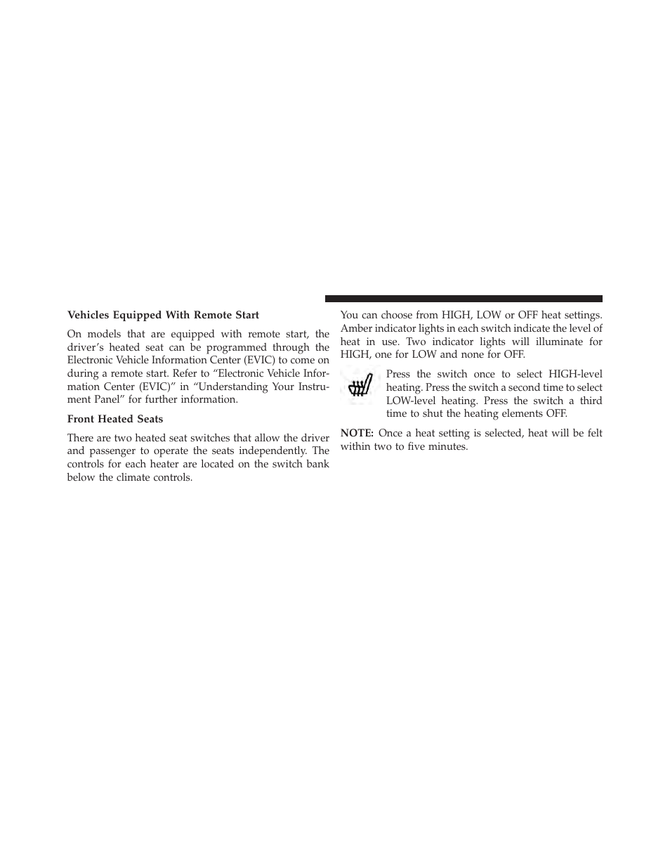 Vehicles equipped with remote start, Front heated seats | Dodge 2014 Grand_Caravan - Owner Manual User Manual | Page 192 / 698