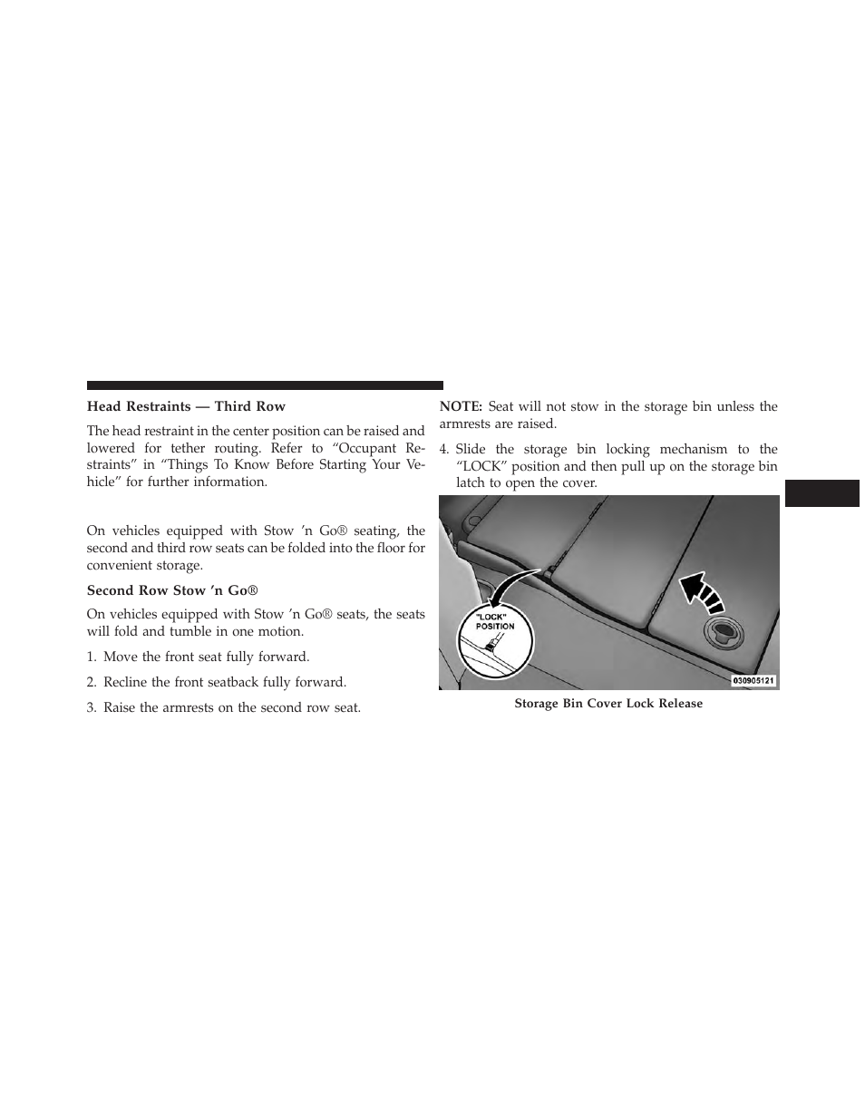 Head restraints — third row, Stow 'n go® seating — if equipped, Second row stow 'n go | Stow ’n go® seating — if equipped | Dodge 2014 Grand_Caravan - Owner Manual User Manual | Page 201 / 698