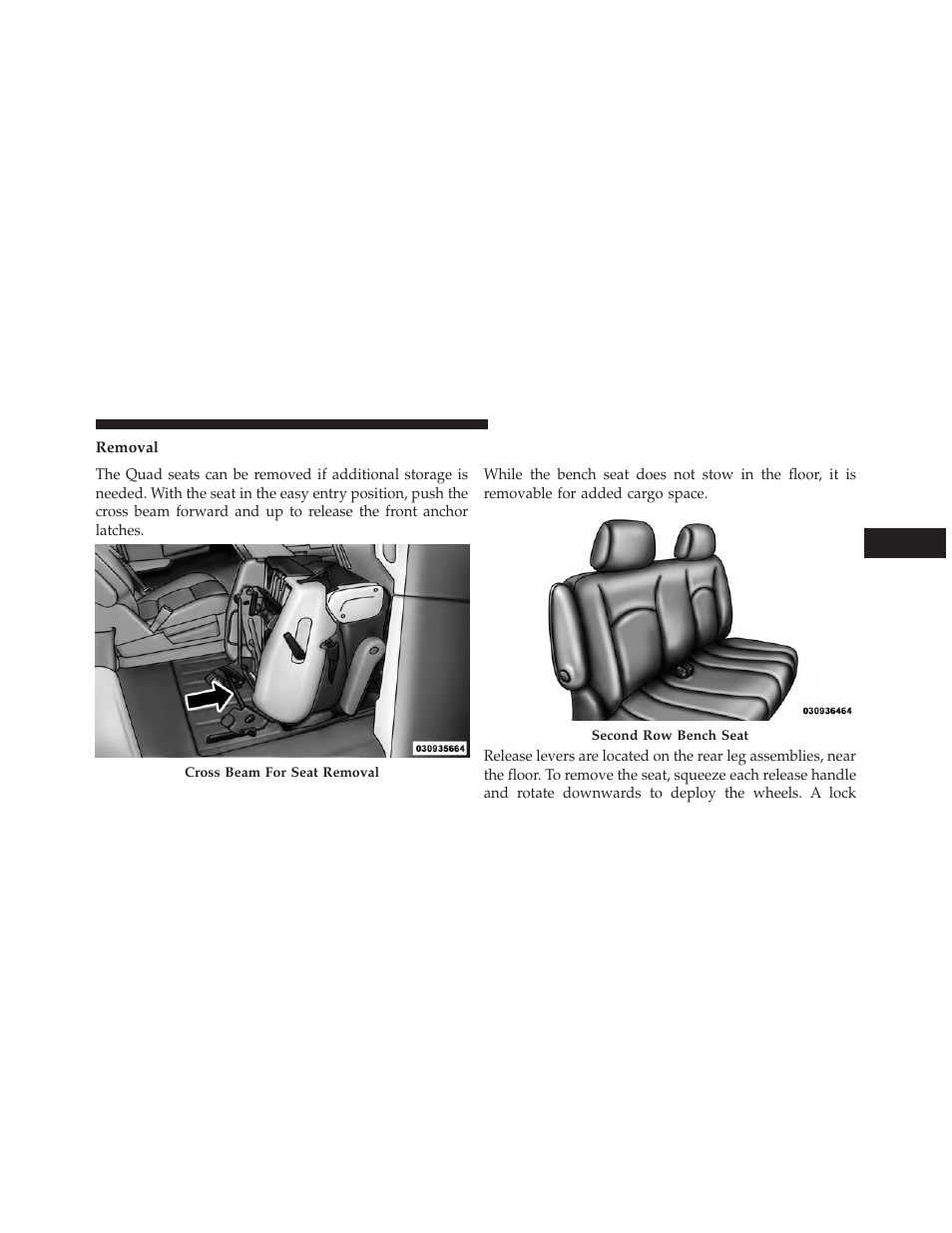 Removal, Second row bench seat — if equipped | Dodge 2014 Grand_Caravan - Owner Manual User Manual | Page 211 / 698