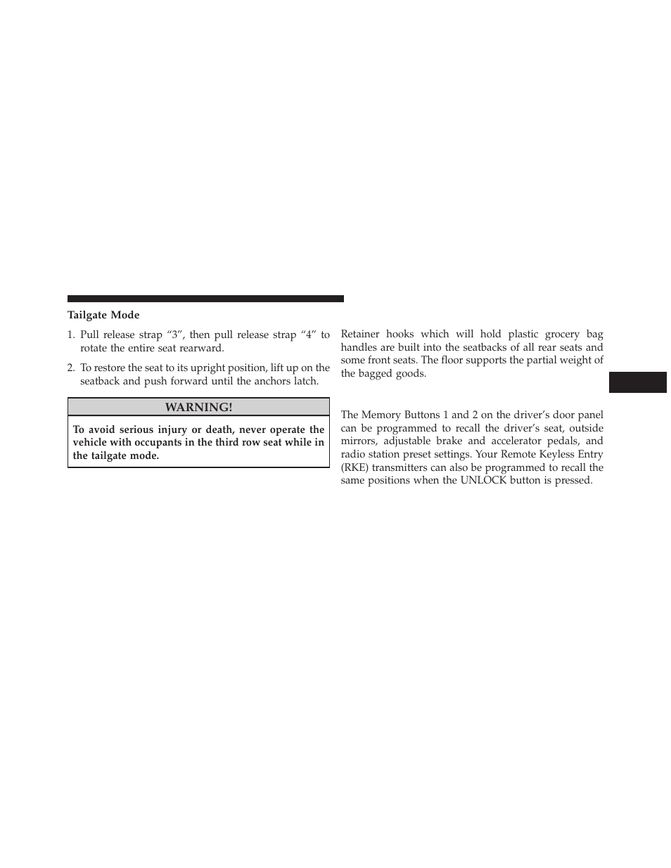 Tailgate mode, Plastic grocery bag retainer hooks, Driver memory seat — if equipped | Dodge 2014 Grand_Caravan - Owner Manual User Manual | Page 219 / 698