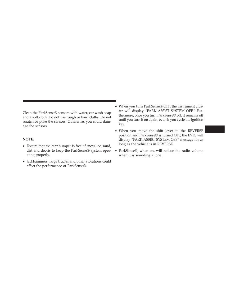 Cleaning the parksense® system, Parksense® system usage precautions | Dodge 2014 Grand_Caravan - Owner Manual User Manual | Page 253 / 698