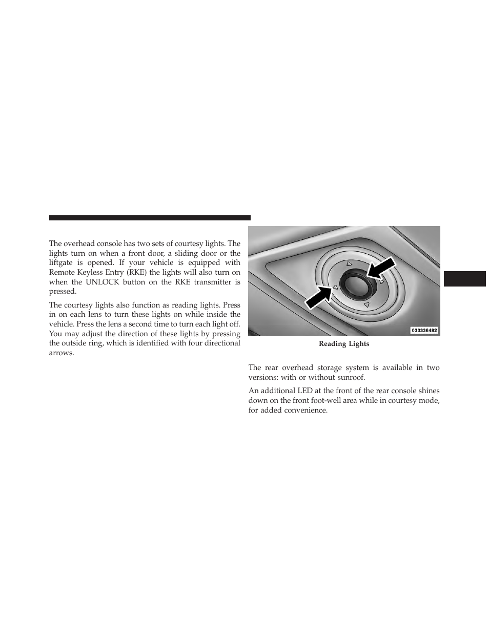 Rear courtesy/reading lights — if equipped, Rear overhead consoles — if equipped | Dodge 2014 Grand_Caravan - Owner Manual User Manual | Page 261 / 698