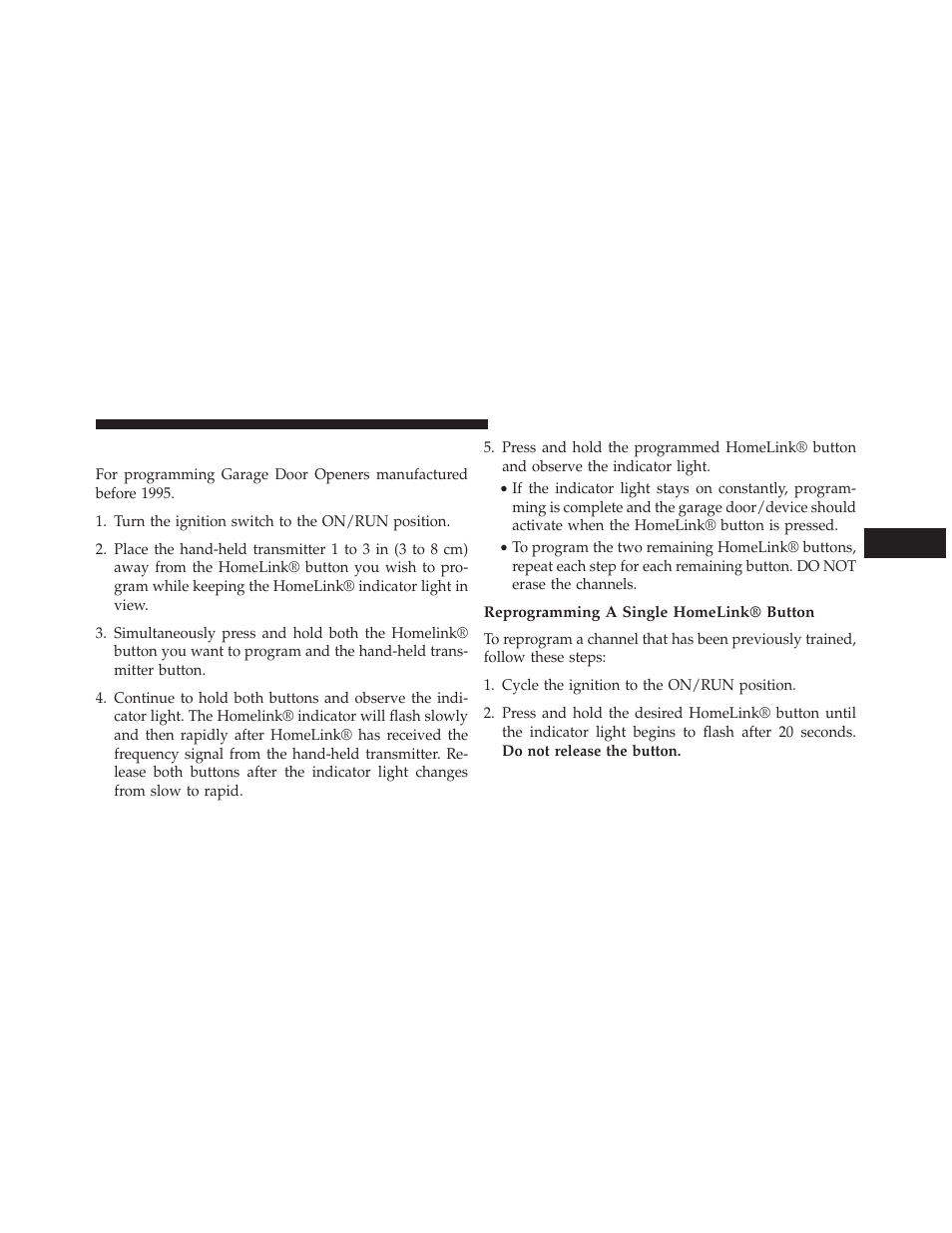 Programming a non-rolling code, Reprogramming a single homelink® button | Dodge 2014 Grand_Caravan - Owner Manual User Manual | Page 267 / 698