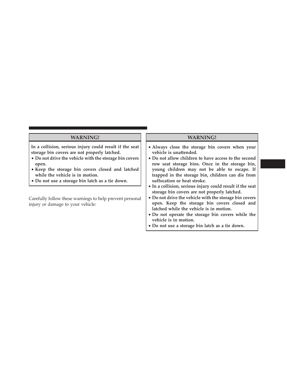 Storage bin safety warning | Dodge 2014 Grand_Caravan - Owner Manual User Manual | Page 289 / 698