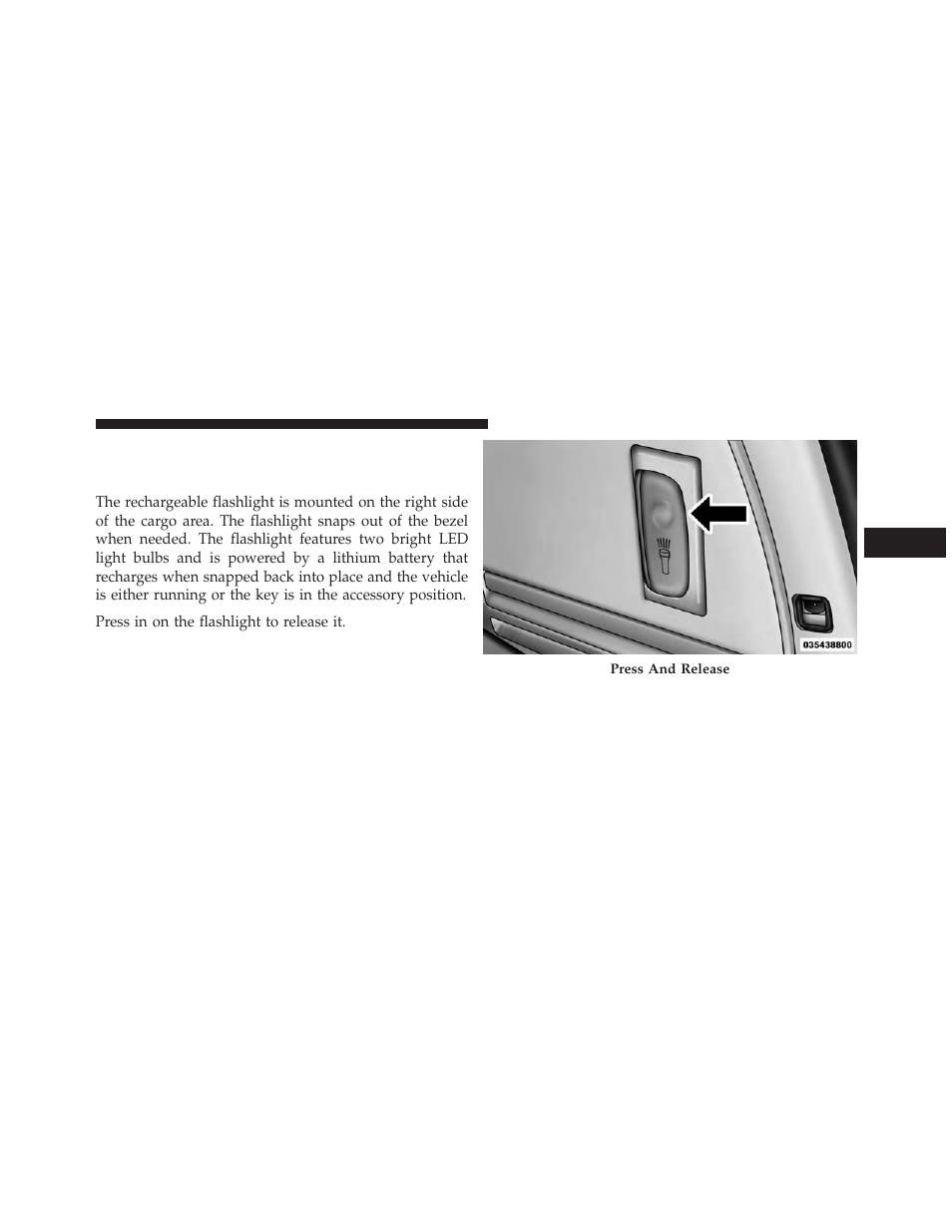 Cargo area features, Rechargeable flashlight | Dodge 2014 Grand_Caravan - Owner Manual User Manual | Page 299 / 698