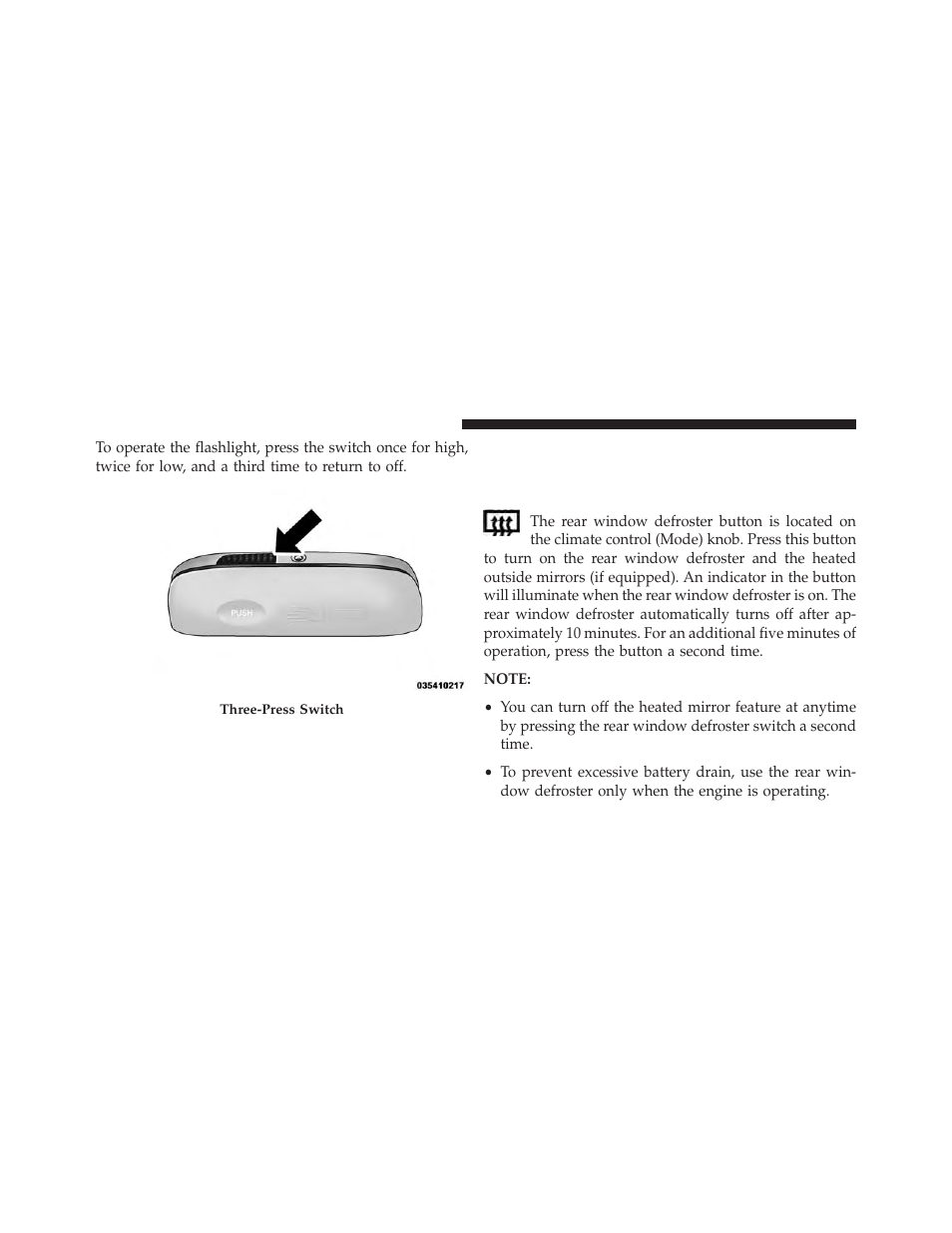 Rear window features, Rear window defroster | Dodge 2014 Grand_Caravan - Owner Manual User Manual | Page 300 / 698