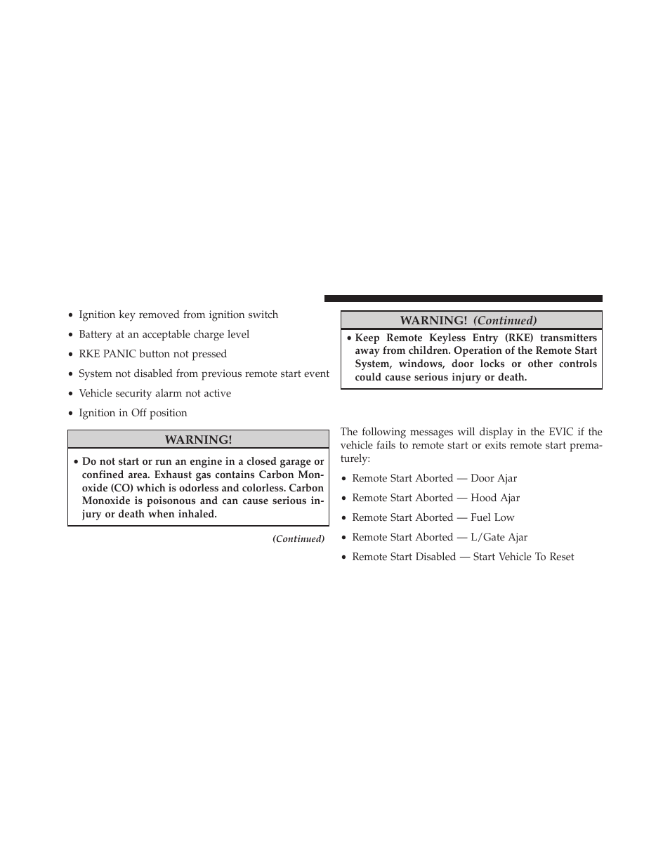 Remote start abort message on electronic vehicle, Information center (evic) — if equipped | Dodge 2014 Grand_Caravan - Owner Manual User Manual | Page 34 / 698