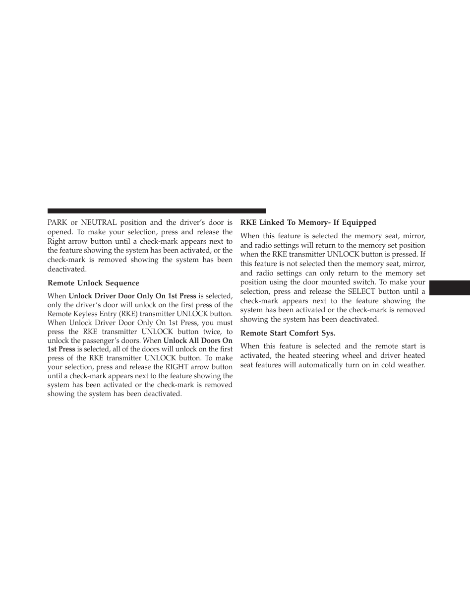 Remote unlock sequence, Rke linked to memory- if equipped, Remote start comfort sys | Dodge 2014 Grand_Caravan - Owner Manual User Manual | Page 347 / 698