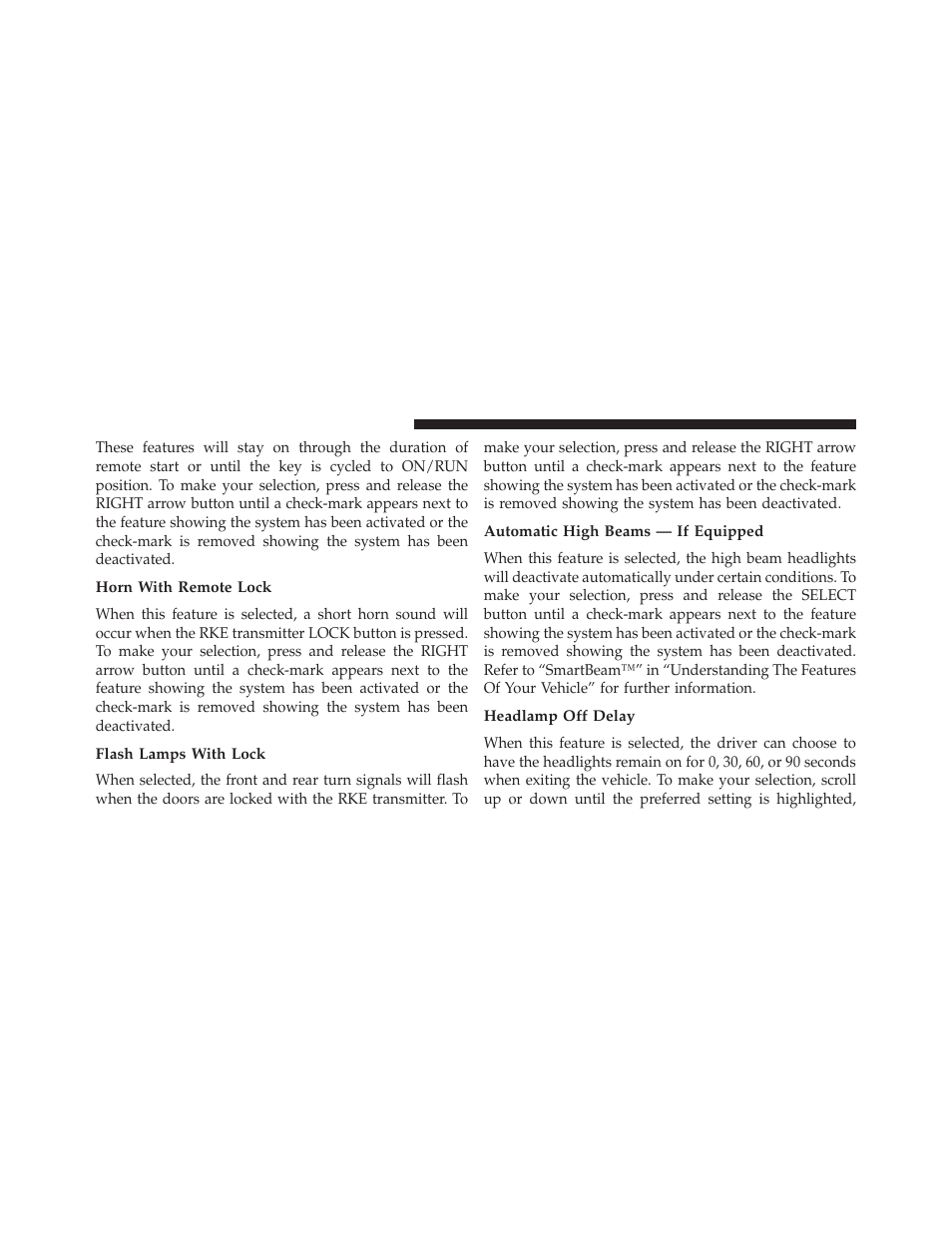 Horn with remote lock, Flash lamps with lock, Automatic high beams — if equipped | Headlamp off delay | Dodge 2014 Grand_Caravan - Owner Manual User Manual | Page 348 / 698