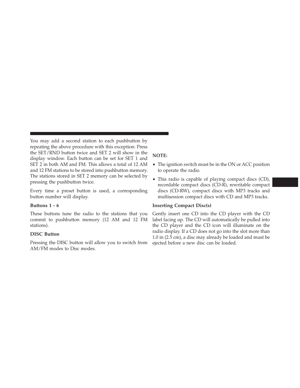 Buttons 1 - 6, Disc button, Inserting compact disc(s) | Operation instructions — cd mode for cd and, Mp3 audio play | Dodge 2014 Grand_Caravan - Owner Manual User Manual | Page 355 / 698