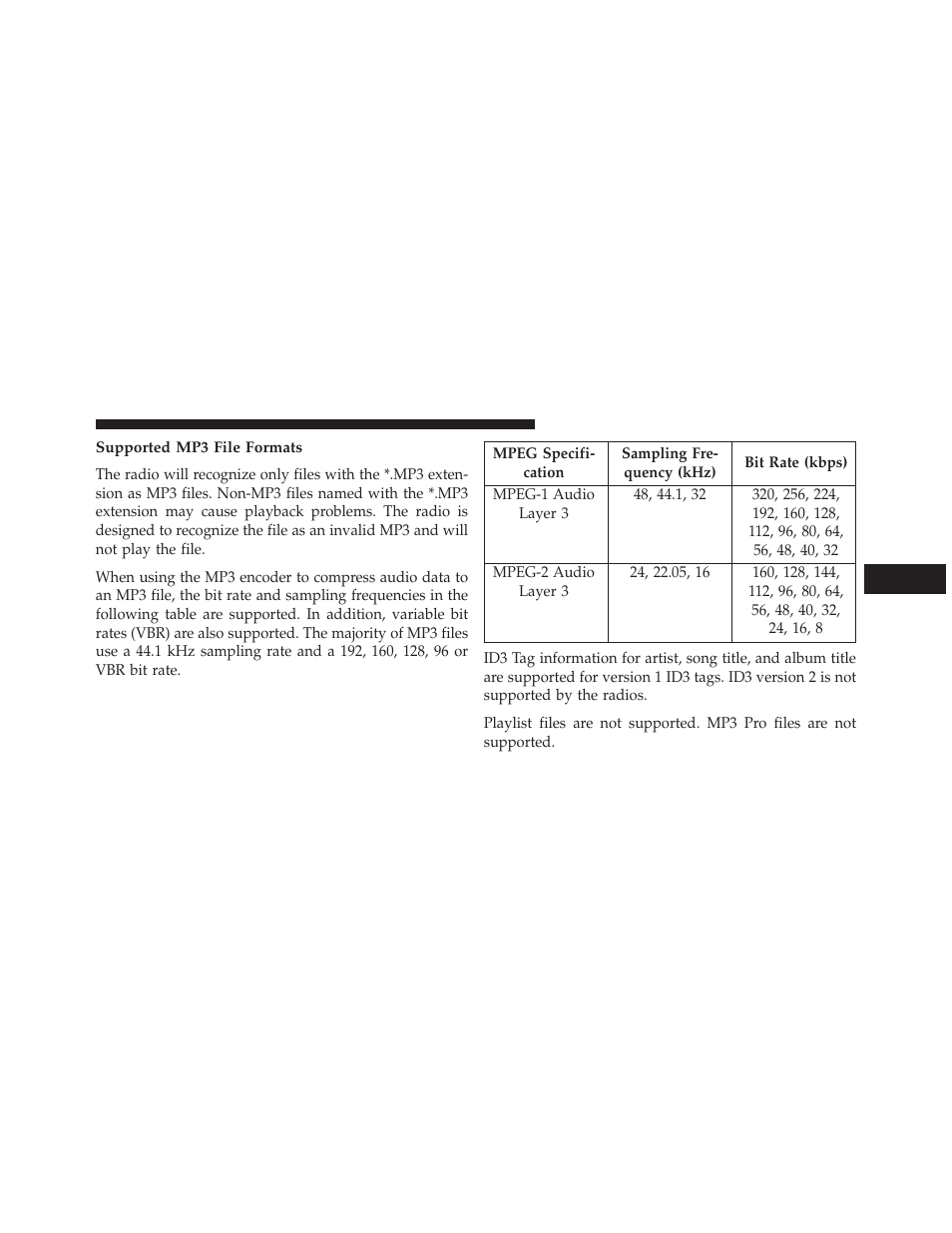 Supported mp3 file formats | Dodge 2014 Grand_Caravan - Owner Manual User Manual | Page 359 / 698