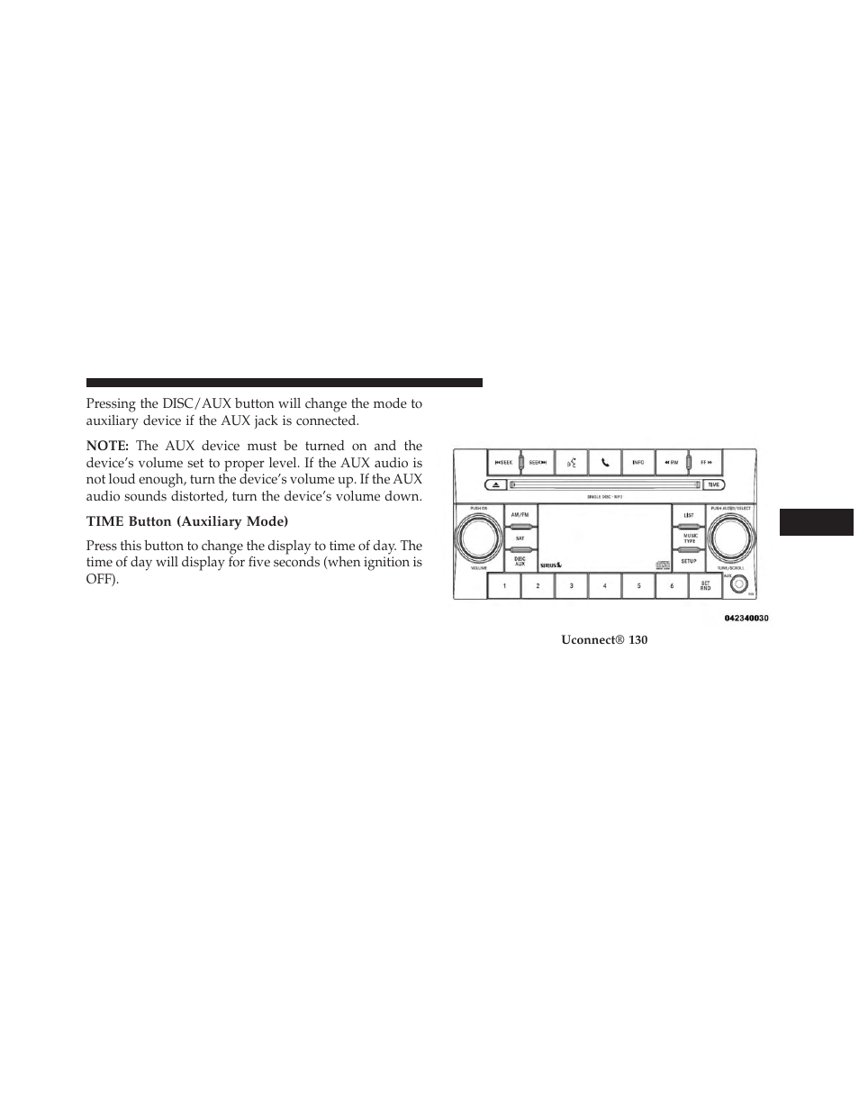 Time button (auxiliary mode), Uconnect® 130 with satellite radio | Dodge 2014 Grand_Caravan - Owner Manual User Manual | Page 361 / 698