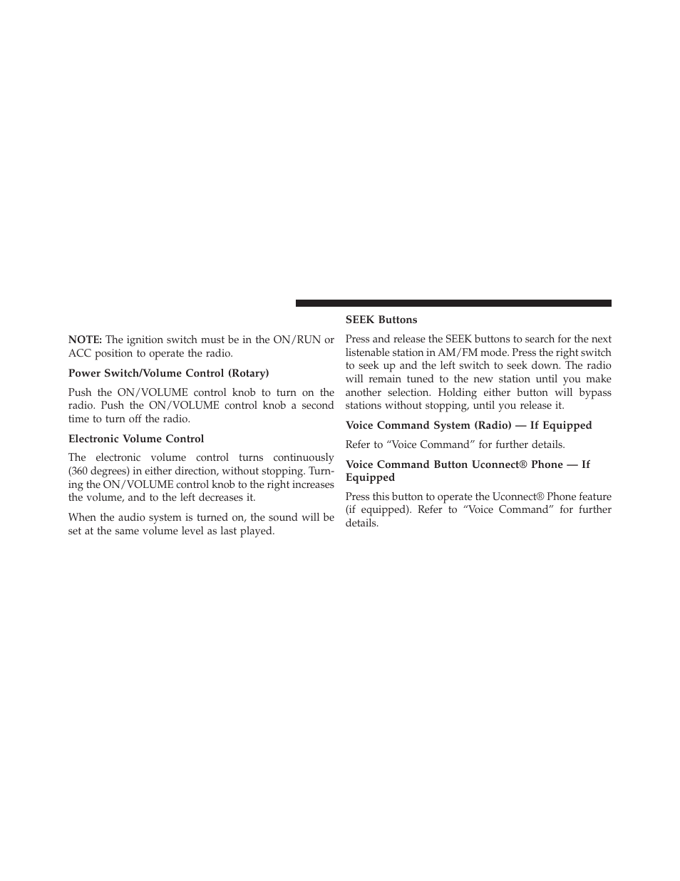 Operating instructions — radio mode, Power switch/volume control (rotary), Electronic volume control | Seek buttons, Voice command system (radio) — if equipped, Voice command button uconnect® phone — if equipped | Dodge 2014 Grand_Caravan - Owner Manual User Manual | Page 362 / 698