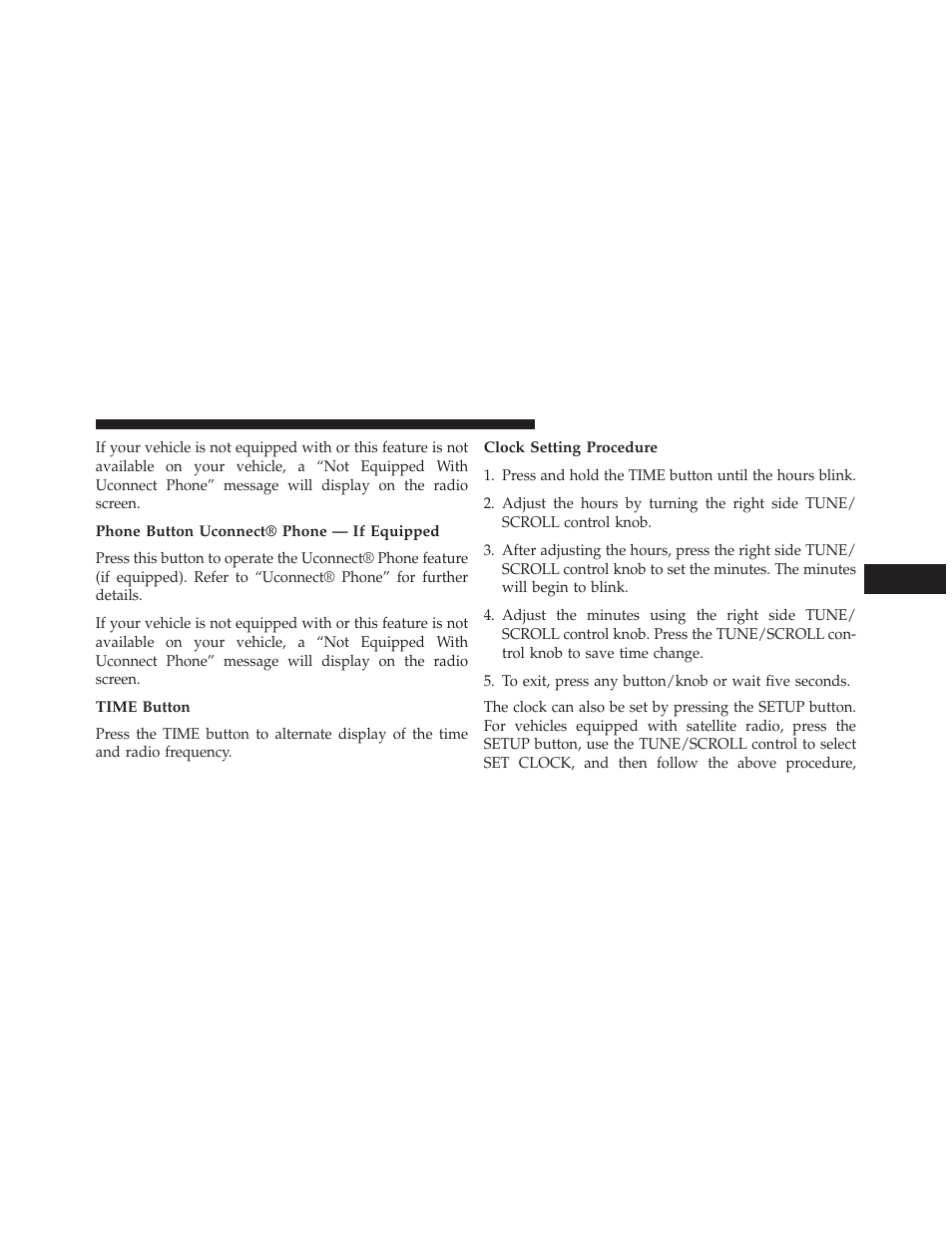 Phone button uconnect® phone — if equipped, Time button, Clock setting procedure | Dodge 2014 Grand_Caravan - Owner Manual User Manual | Page 363 / 698