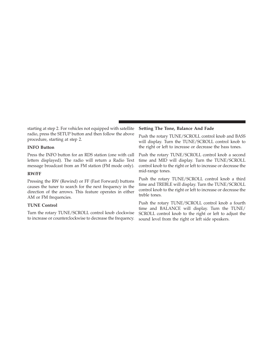 Info button, Rw/ff, Tune control | Setting the tone, balance and fade | Dodge 2014 Grand_Caravan - Owner Manual User Manual | Page 364 / 698