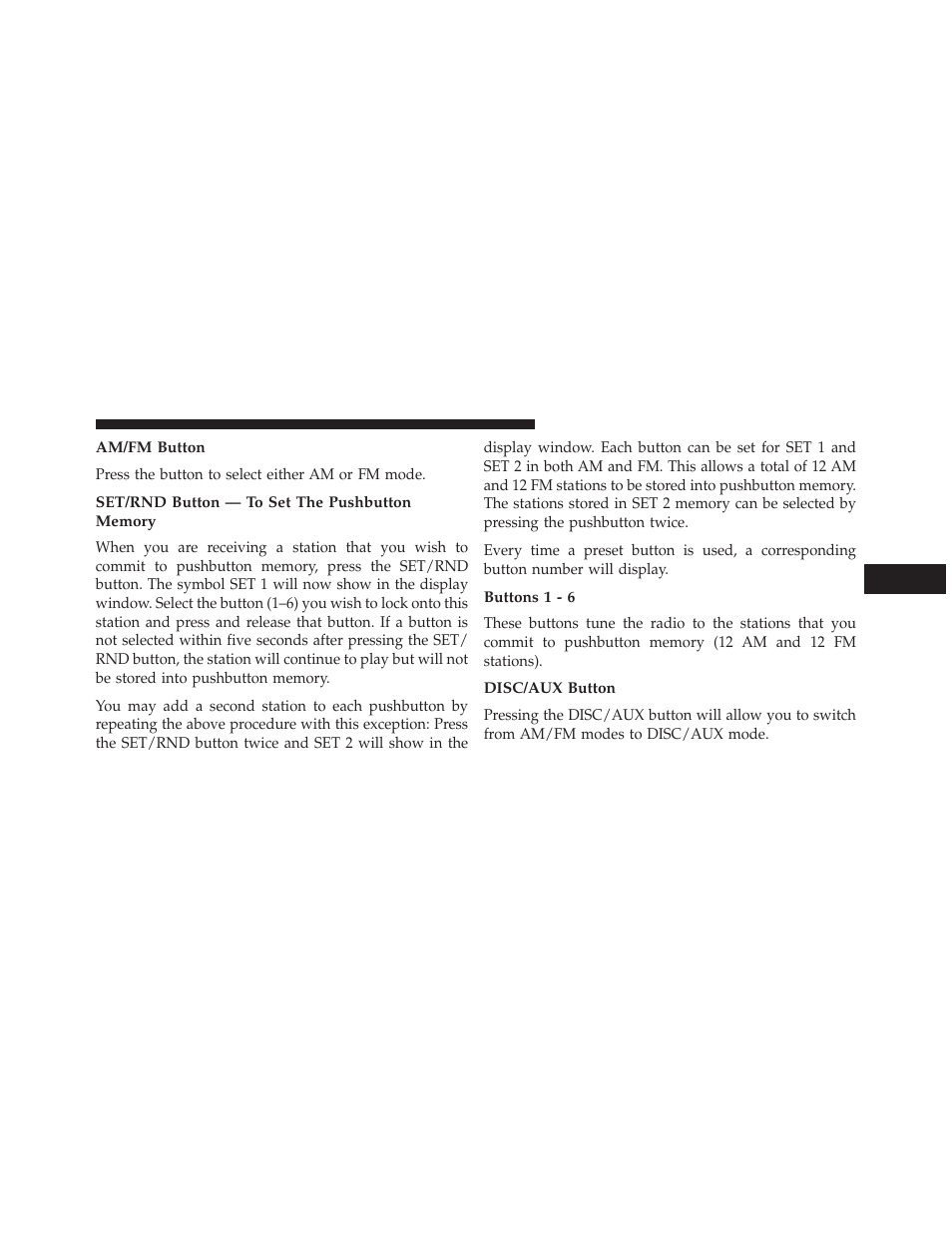 Am/fm button, Set/rnd button — to set the pushbutton memory, Buttons 1 - 6 | Disc/aux button | Dodge 2014 Grand_Caravan - Owner Manual User Manual | Page 367 / 698