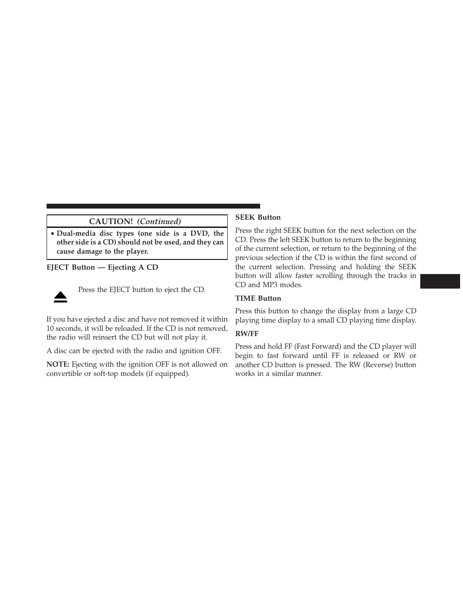 Eject button — ejecting a cd, Seek button, Time button | Rw/ff | Dodge 2014 Grand_Caravan - Owner Manual User Manual | Page 369 / 698