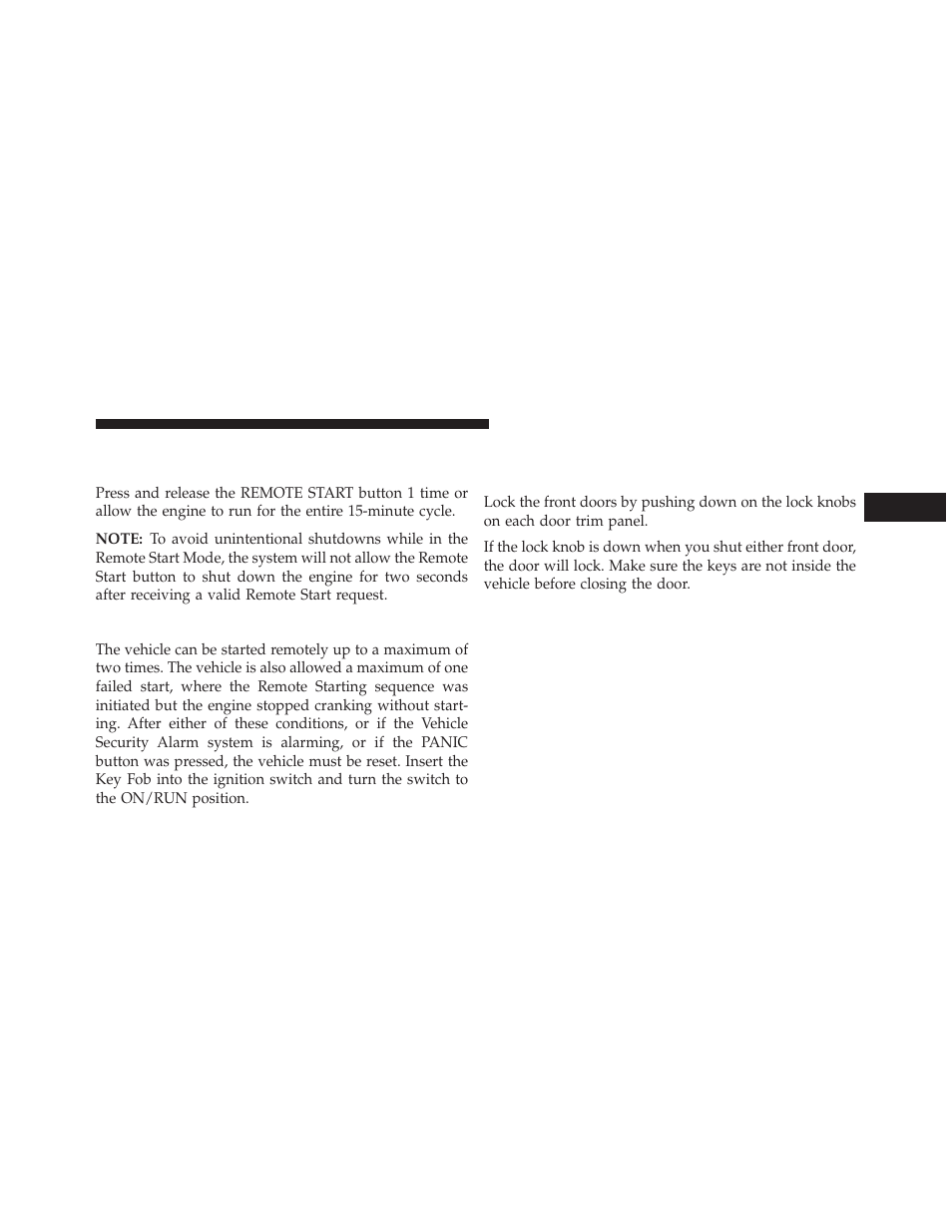 To turn off the engine while in remote start mode, When to reset remote start, Door locks | Manual door locks, To turn off the engine while in remote start, Mode | Dodge 2014 Grand_Caravan - Owner Manual User Manual | Page 37 / 698