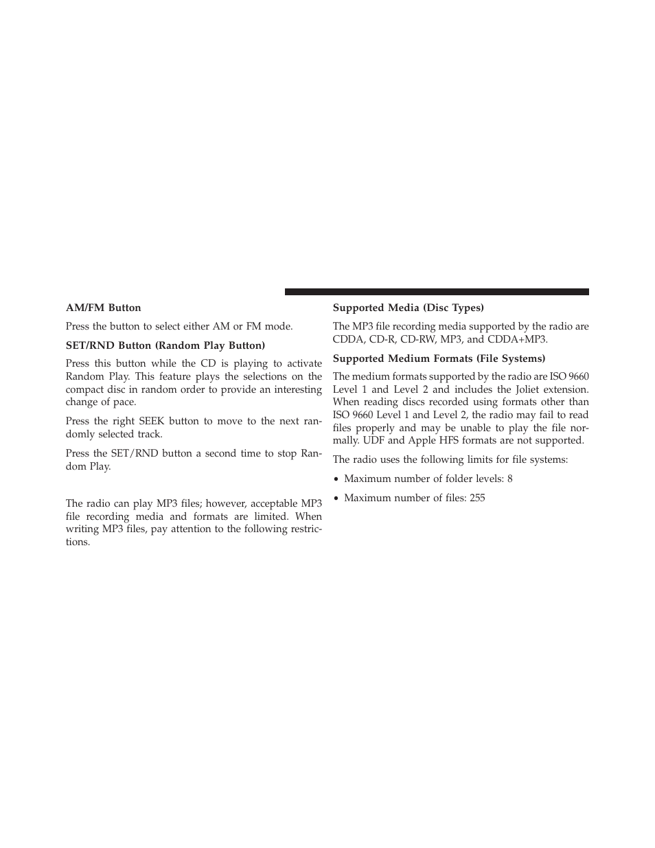 Am/fm button, Set/rnd button (random play button), Notes on playing mp3 files | Supported media (disc types), Supported medium formats (file systems) | Dodge 2014 Grand_Caravan - Owner Manual User Manual | Page 370 / 698