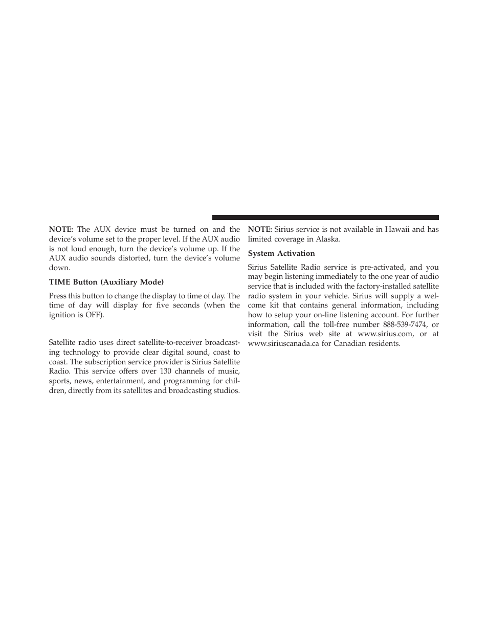 Time button (auxiliary mode), Uconnect® (satellite radio) — if equipped, System activation | Dodge 2014 Grand_Caravan - Owner Manual User Manual | Page 374 / 698