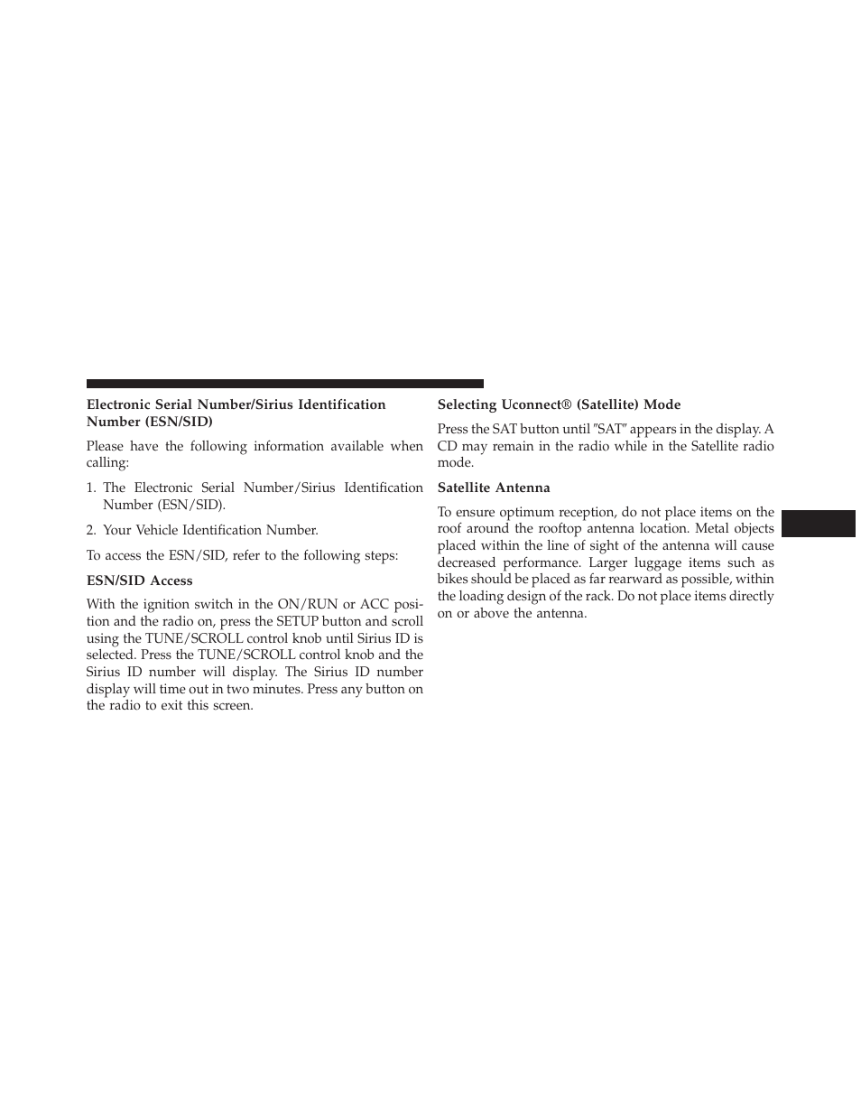 Esn/sid access, Selecting uconnect® (satellite) mode, Satellite antenna | Dodge 2014 Grand_Caravan - Owner Manual User Manual | Page 375 / 698