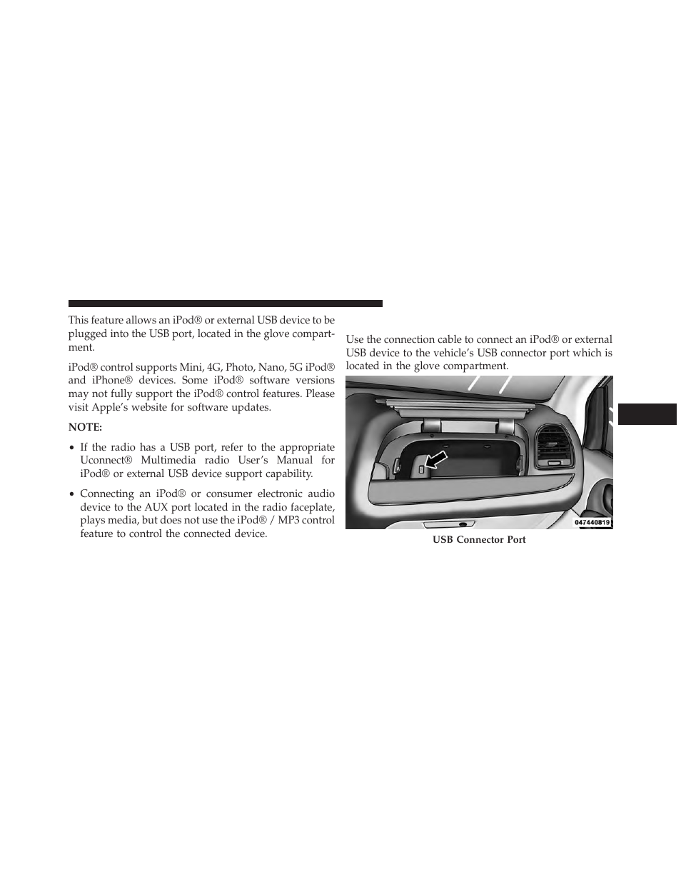 Connecting the ipod® or external usb device, Connecting the ipod® or external usb, Device | Dodge 2014 Grand_Caravan - Owner Manual User Manual | Page 379 / 698