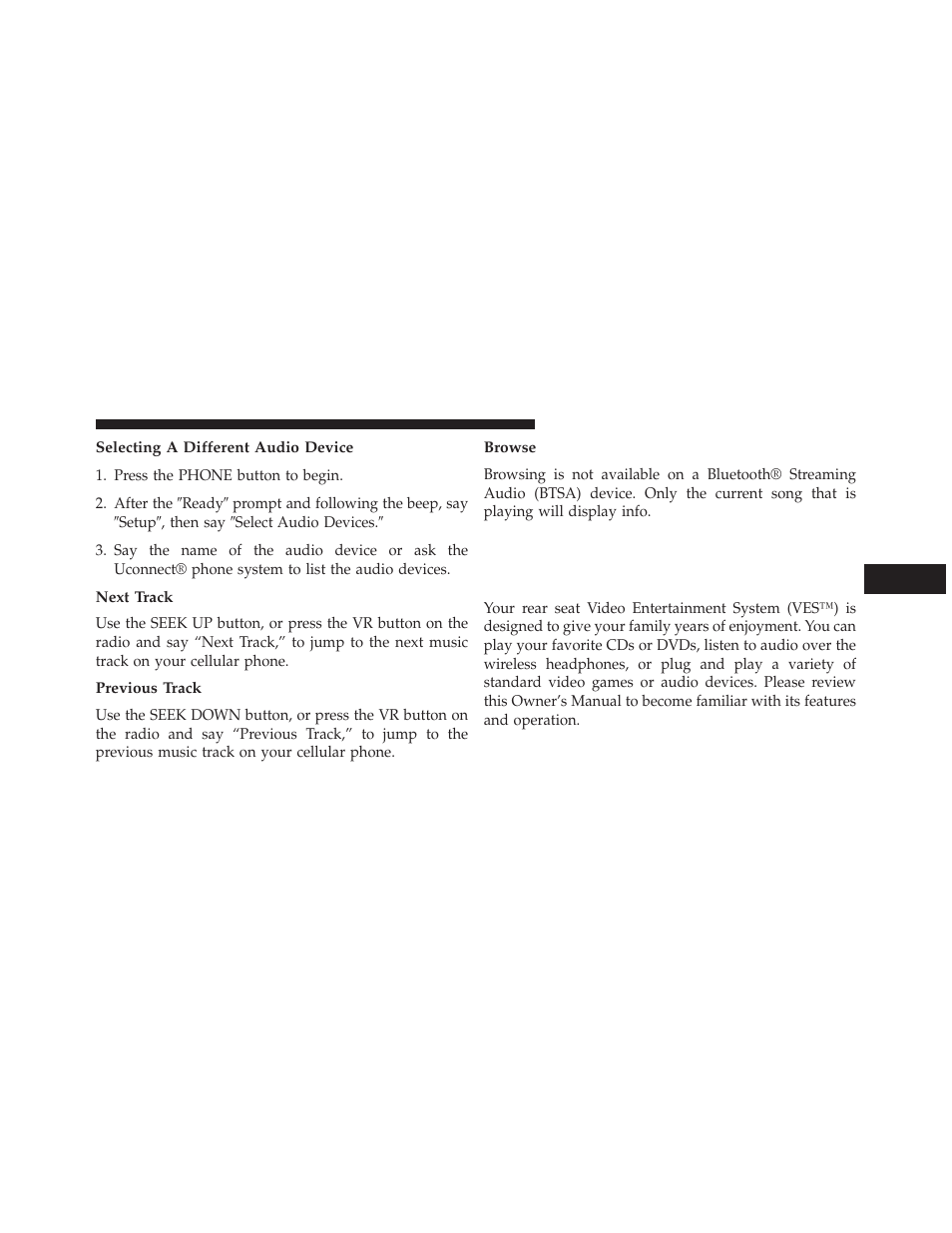 Selecting a different audio device, Next track, Previous track | Browse, Uconnect® multimedia — video, Entertainment system (ves™) — if equipped | Dodge 2014 Grand_Caravan - Owner Manual User Manual | Page 385 / 698