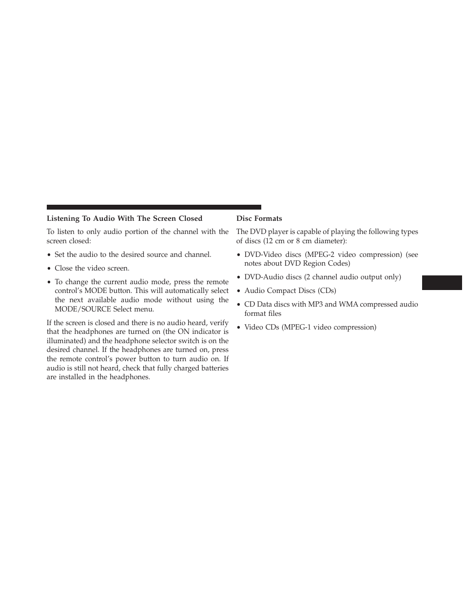 Listening to audio with the screen closed, Disc formats | Dodge 2014 Grand_Caravan - Owner Manual User Manual | Page 419 / 698