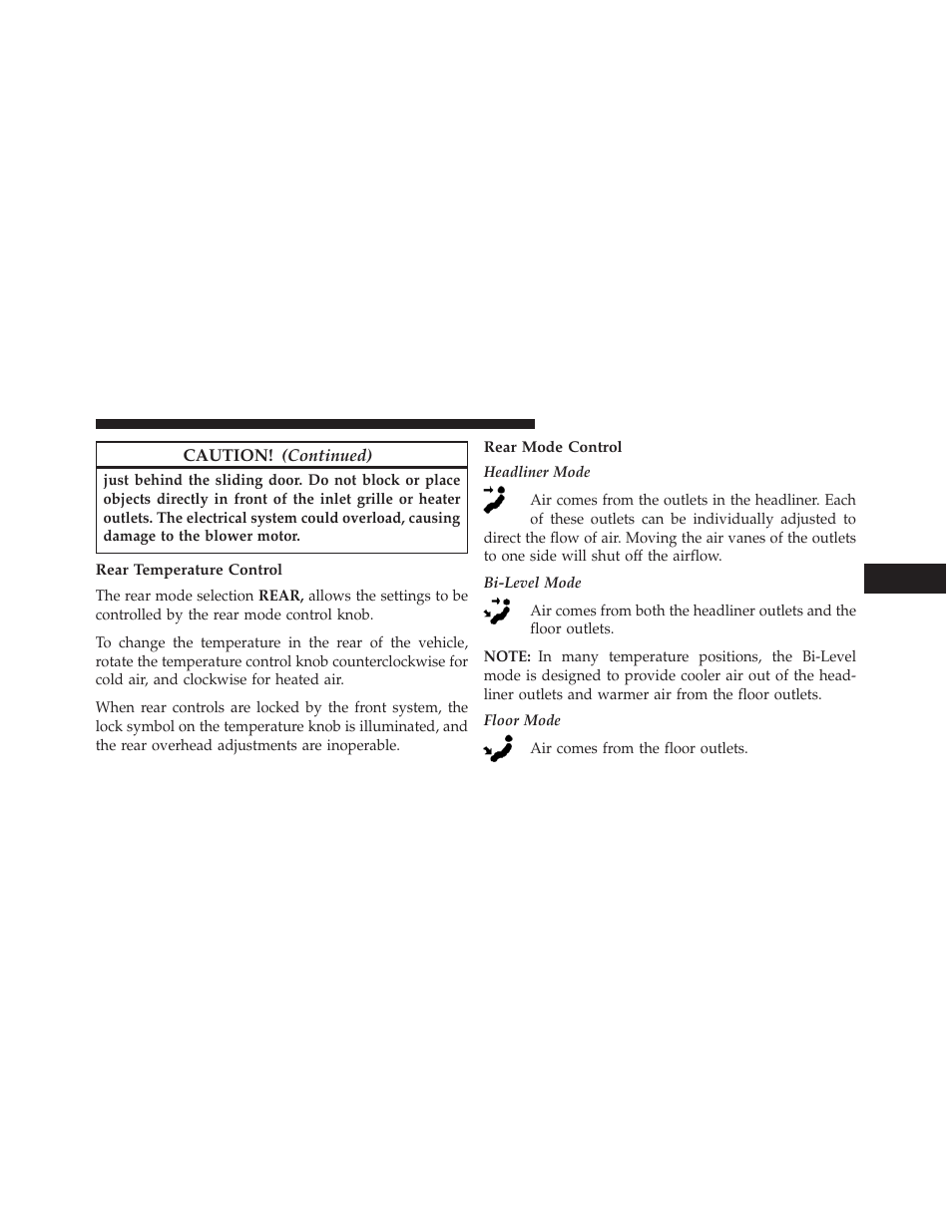 Rear temperature control, Rear mode control | Dodge 2014 Grand_Caravan - Owner Manual User Manual | Page 443 / 698