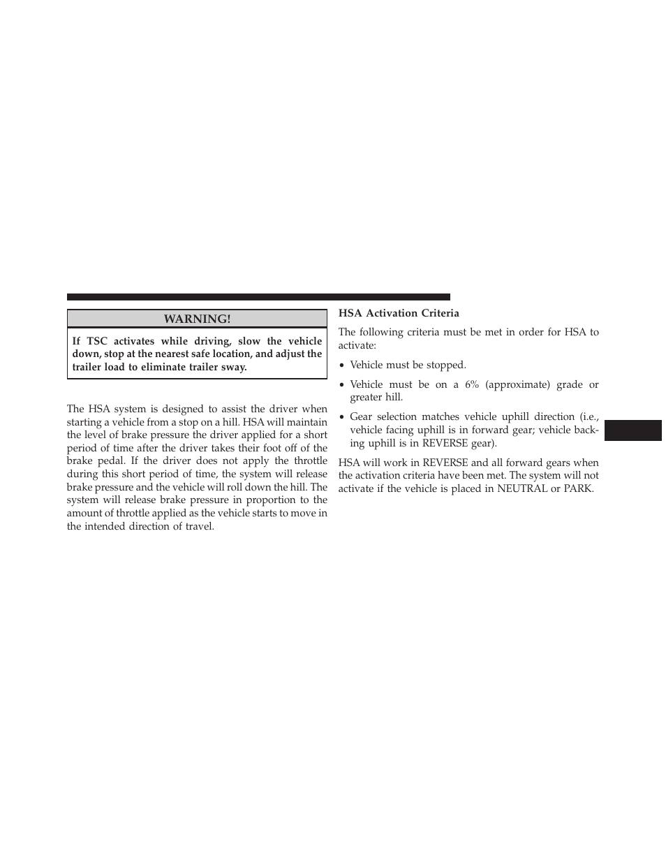 Hill start assist (hsa), Hsa activation criteria | Dodge 2014 Grand_Caravan - Owner Manual User Manual | Page 493 / 698